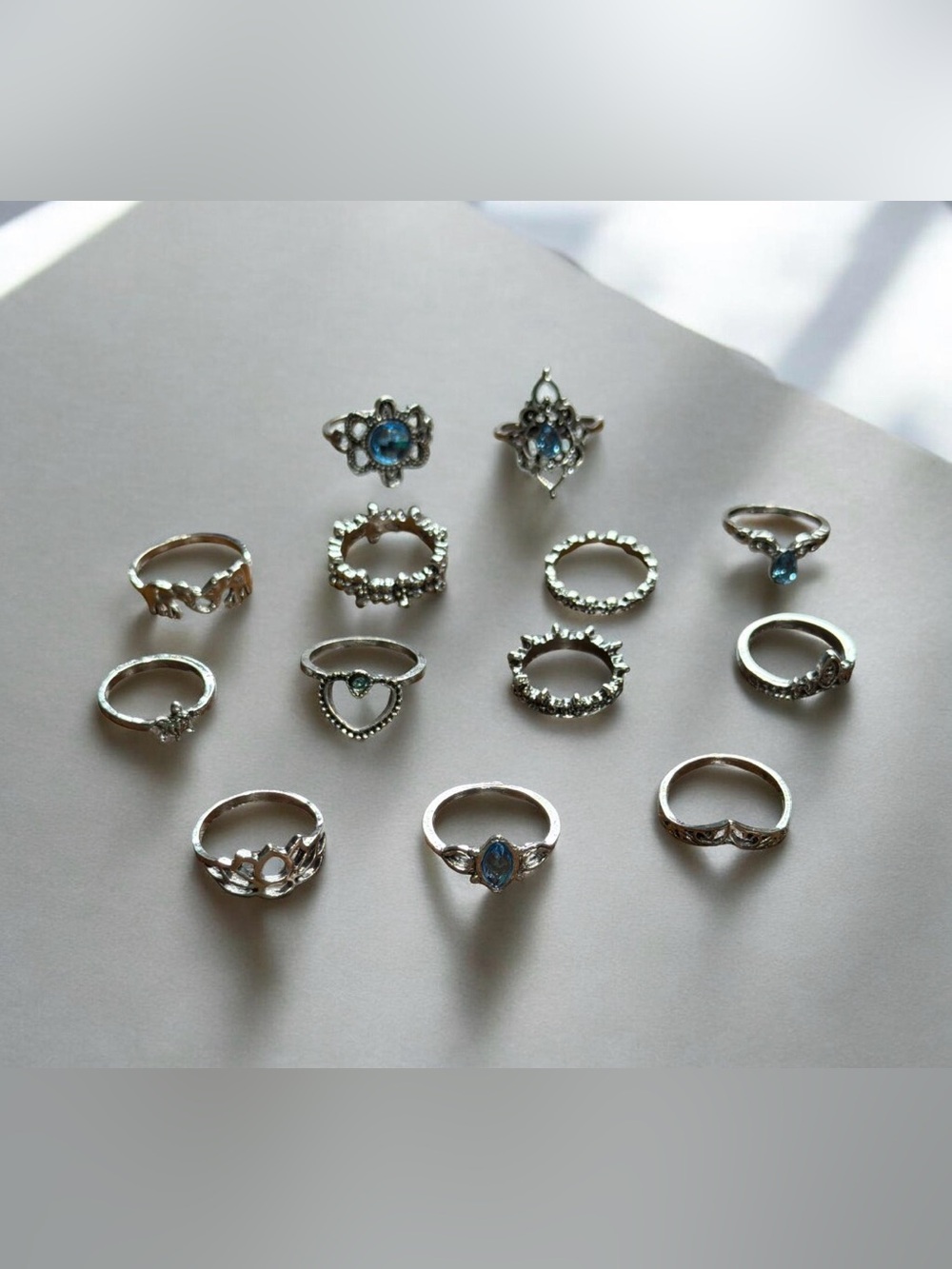 Boho 13pc Silver Tone Blue Faux Crystal Stacking Midi Ring Set NEW